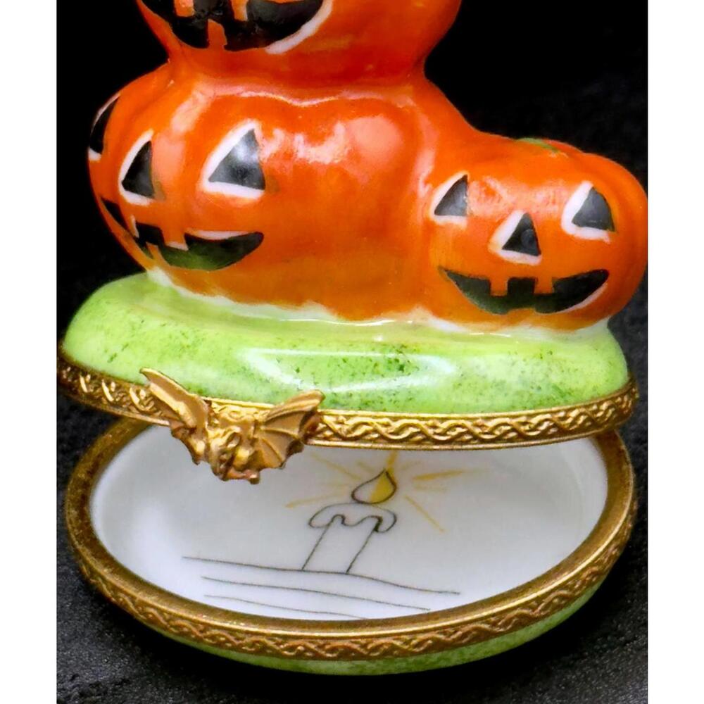Rare Authentic Limoges France Halloween Black Cat Jack O Lantern Trinket Box - Picture 6 of 8